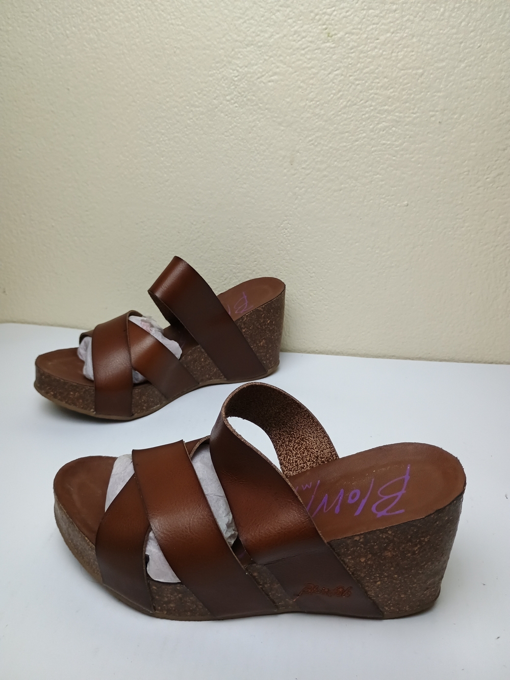 Blowfish Malibu Hikka 7.5 Brown Cork Wedge Slide Sandals Footbed